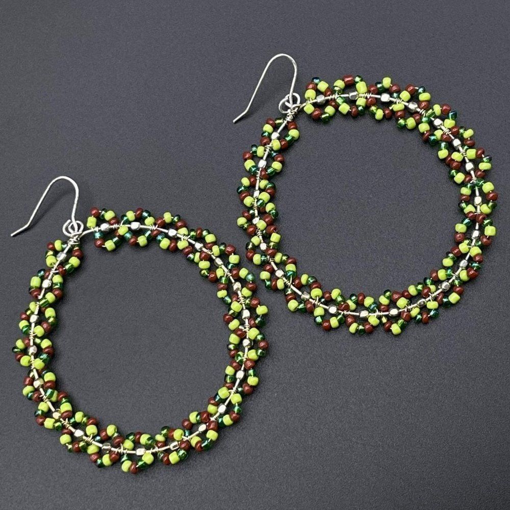 Silver Wire Wrapped Multicolored Beaded Round Wreath Dangling Hook Earrings